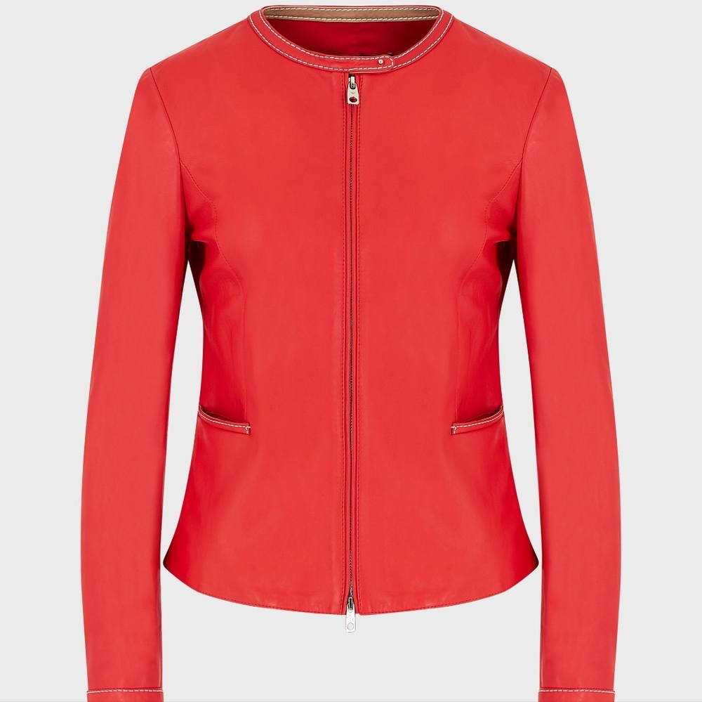 WOMEN CLASSIC STYLE RED REAL SHEEP LEATHER JACKET